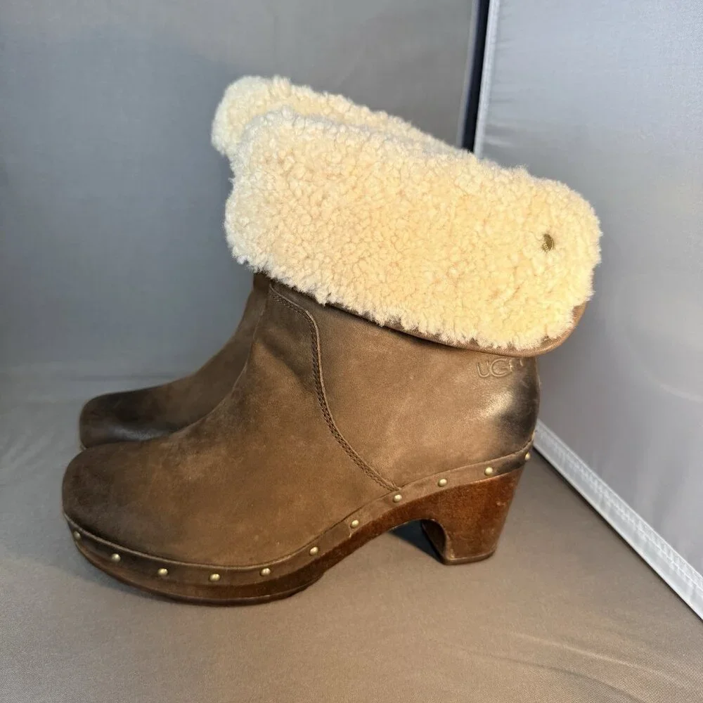 UGG Fold Over Size 6 Brown Leather Sheepskin Cuff LYNNEA Ankle Calf Boots Shoes - Picture 3 of 7